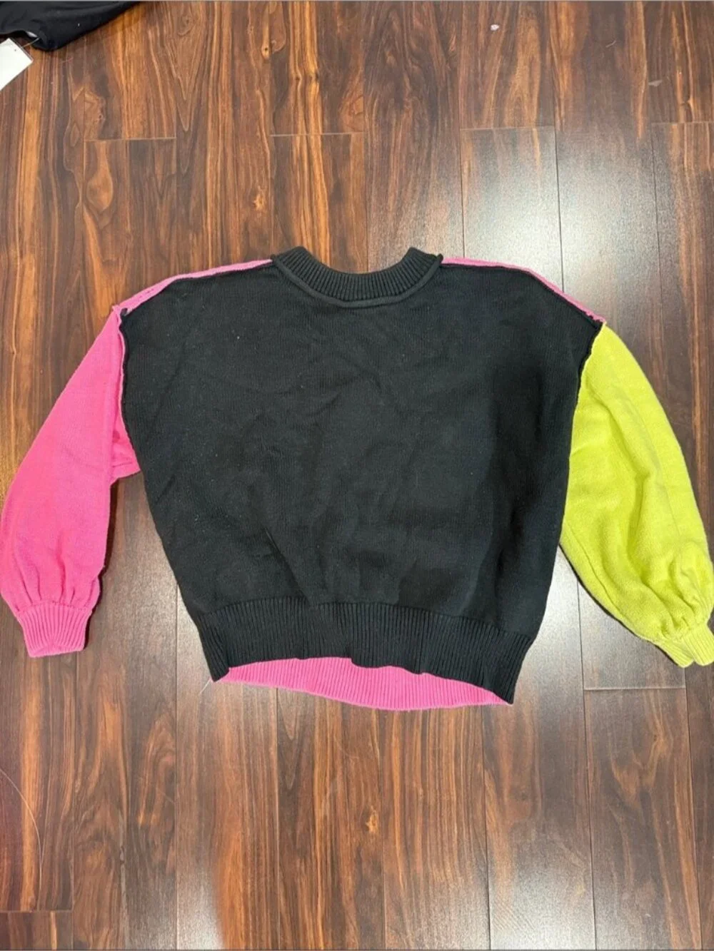 Forever 21 Black Crewneck Sweater with Pink and Lime Sleeves